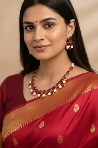 Golden plated precious stone necklace set in red strawberry quartz & amethyst finish