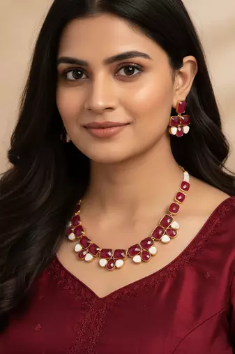 Golden plated precious stone necklace set in red strawberry quartz & amethyst finish