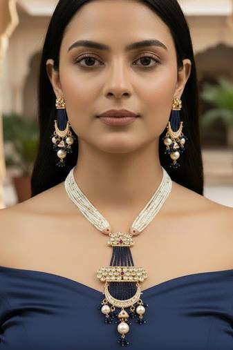 Royal golden plated moissanite polki necklace set with pearl & bead detailing