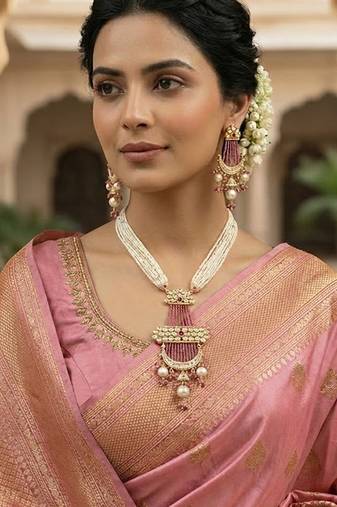 Elegant golden plated brass necklace set with moissanite polki, cz & ad detailing
