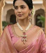 Elegant golden plated brass necklace set with moissanite polki, cz & ad detailing