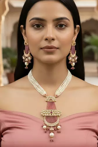 Elegant golden plated brass necklace set with moissanite polki, cz & ad detailing