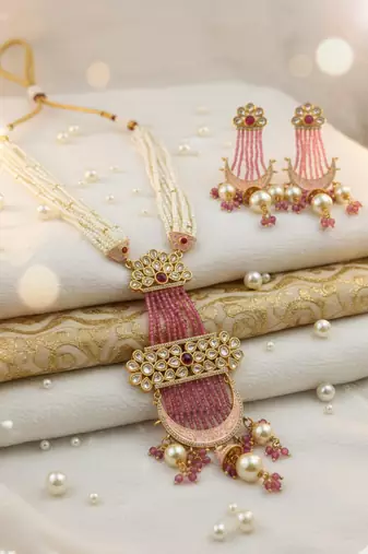 Elegant golden plated brass necklace set with moissanite polki, cz & ad detailing