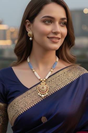 Handcrafted traditional kundan & polki pendant set with onyx beading