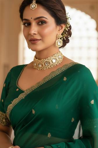 Golden plated moissanite polki choker with matching earrings & ring