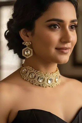 Golden plated moissanite polki choker with matching earrings & ring
