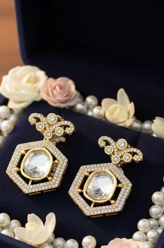 Golden plated moissanite polki choker with matching earrings & ring