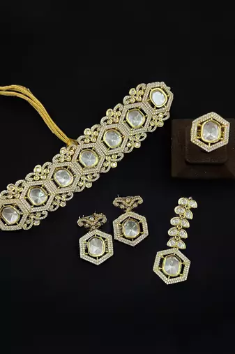 Golden plated moissanite polki choker with matching earrings & ring