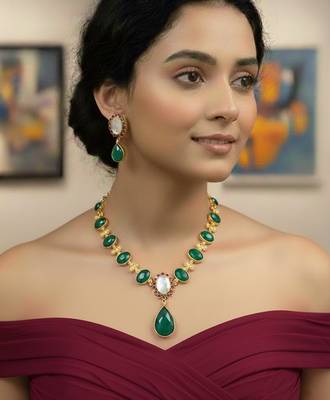 Designer brass necklace with semi-precious stones in gold plating 1