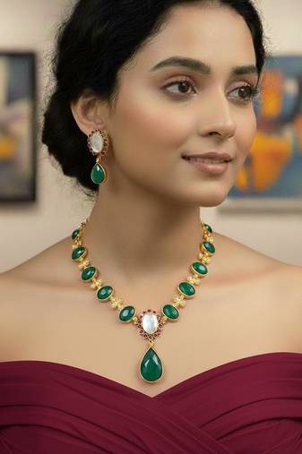 Designer brass necklace with semi-precious stones in gold plating