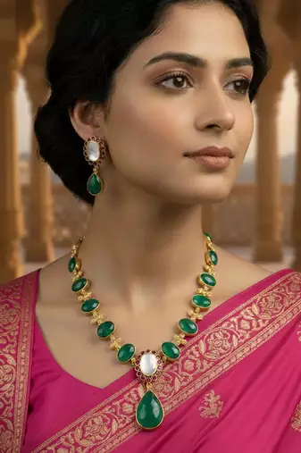 Designer brass necklace with semi-precious stones in gold plating