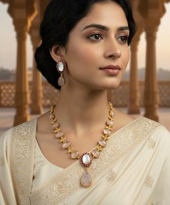 Semi-precious mop & pink quartz necklace set in golden finish 1