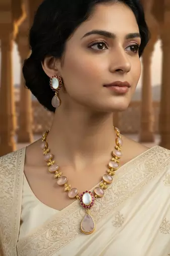 Semi-precious mop & pink quartz necklace set in golden finish