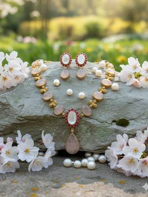 Semi-precious mop & pink quartz necklace set in golden finish 4