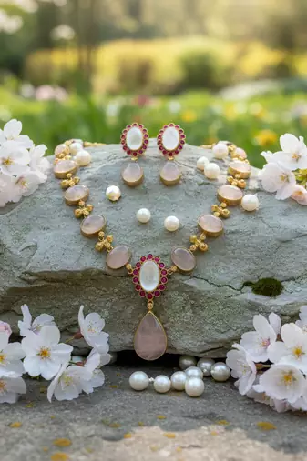 Semi-precious mop & pink quartz necklace set in golden finish