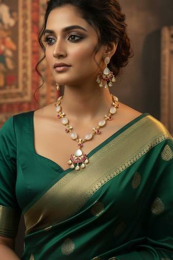 Golden plated semi-precious stone necklace set with kundan touch
