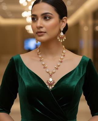 Golden plated semi-precious stone necklace set with kundan touch 2