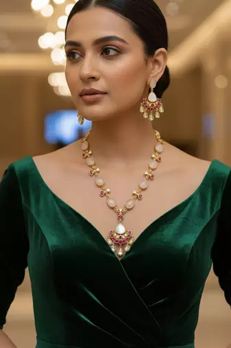 Golden plated semi-precious stone necklace set with kundan touch