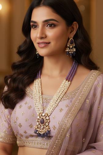 Golden brass multilayer pearl necklace with purple onyx & polki necklace