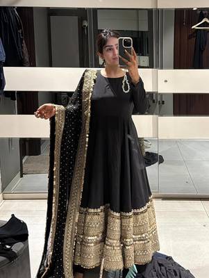 Black codding sequence work roman silk anarkali gown with natural crape bottom and fox georgette dupatta set 2