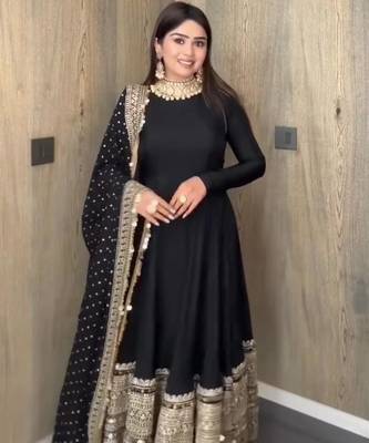 Black codding sequence work roman silk anarkali gown with natural crape bottom and fox georgette dupatta set 3