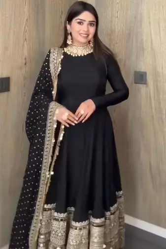 Black codding sequence work roman silk anarkali gown with natural crape bottom and fox georgette dupatta set