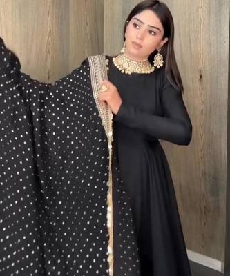 Black codding sequence work roman silk anarkali gown with natural crape bottom and fox georgette dupatta set 4