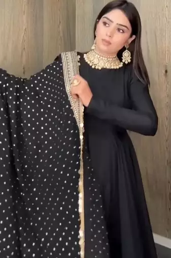 Black codding sequence work roman silk anarkali gown with natural crape bottom and fox georgette dupatta set