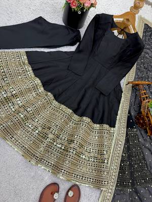 Black codding sequence work roman silk anarkali gown with natural crape bottom and fox georgette dupatta set 5
