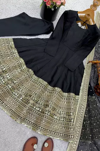 Black codding sequence work roman silk anarkali gown with natural crape bottom and fox georgette dupatta set