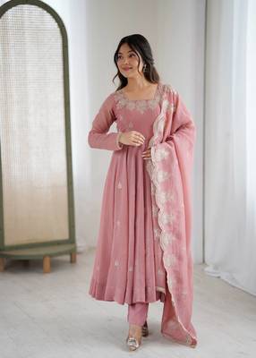 Peach embroidery sequence work crunchy silk anarkali gown with micro cotton bottom and matching dupatta set 1