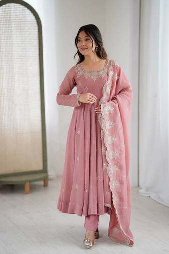 Peach embroidery sequence work crunchy silk anarkali gown with micro cotton bottom and matching dupatta set