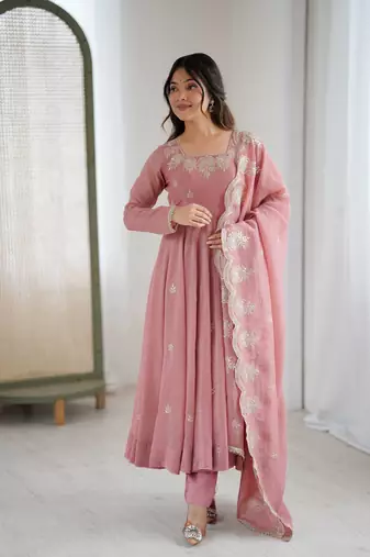 Peach embroidery sequence work crunchy silk anarkali gown with micro cotton bottom and matching dupatta set