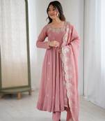 Peach embroidery sequence work crunchy silk anarkali gown with micro cotton bottom and matching dupatta set