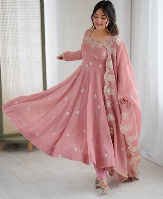 Peach embroidery sequence work crunchy silk anarkali gown with micro cotton bottom and matching dupatta set 2