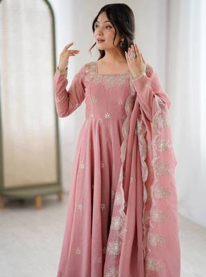 Peach embroidery sequence work crunchy silk anarkali gown with micro cotton bottom and matching dupatta set 3
