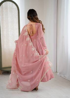 Peach embroidery sequence work crunchy silk anarkali gown with micro cotton bottom and matching dupatta set 4