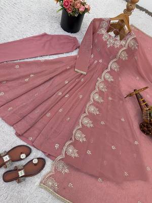 Peach embroidery sequence work crunchy silk anarkali gown with micro cotton bottom and matching dupatta set 5
