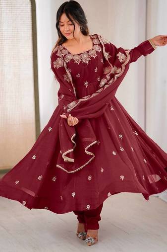 Wine embroidery sequence work crunchy silk anarkali gown with micro cotton bottom and matching dupatta set