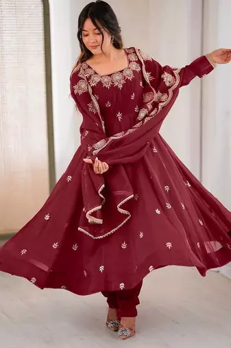 Wine embroidery sequence work crunchy silk anarkali gown with micro cotton bottom and matching dupatta set