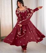 Wine embroidery sequence work crunchy silk anarkali gown with micro cotton bottom and matching dupatta set