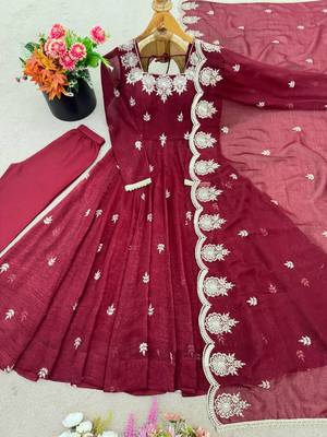 Wine embroidery sequence work crunchy silk anarkali gown with micro cotton bottom and matching dupatta set 3