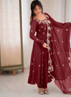 Wine embroidery sequence work crunchy silk anarkali gown with micro cotton bottom and matching dupatta set 4
