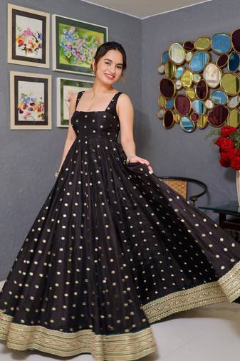 Black heavy sequins thread embroidered silk kali-cut gown with micro pant bottom and net sequins dupatta set