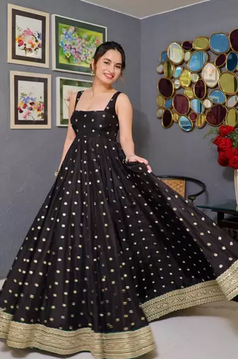 Black heavy sequins thread embroidered silk kali-cut gown with micro pant bottom and net sequins dupatta set