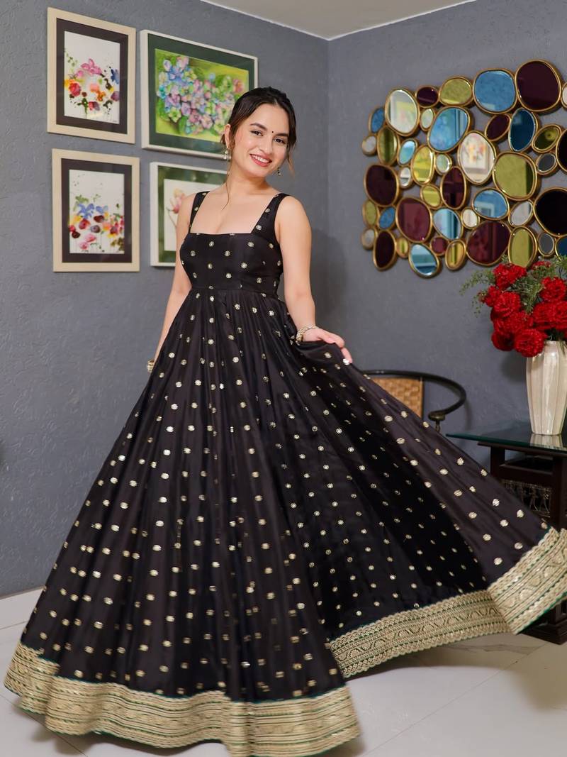 Black heavy sequins thread embroidered silk kali-cut gown with micro pant bottom and net sequins dupatta set