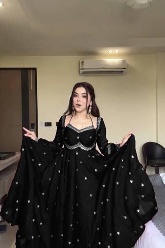 Black thread sequence work faux georgette anarkali with micro cotton pant and matching dupatta set