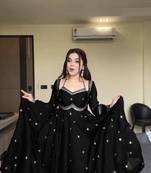 Black thread sequence work faux georgette anarkali with micro cotton pant and matching dupatta set