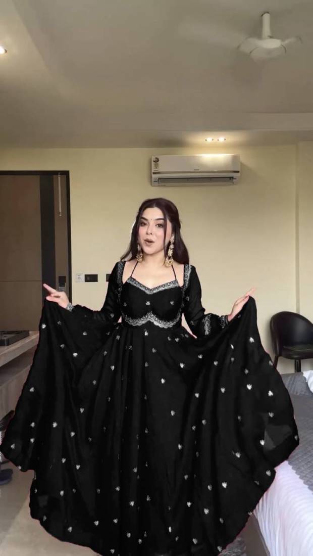 Black thread sequence work faux georgette anarkali with micro cotton pant and matching dupatta set
