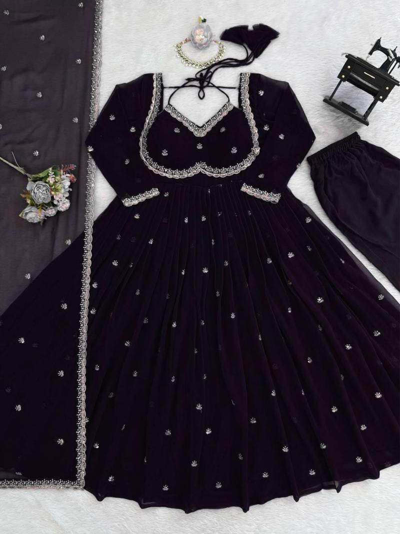 Black thread sequence work faux georgette anarkali with micro cotton pant and matching dupatta set